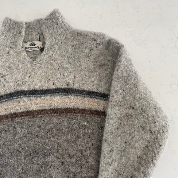 Fisherman Out Of Ireland Pure New Wool Chunky LS Pull Over Sweater Grey Brown M - Picture 3 of 12